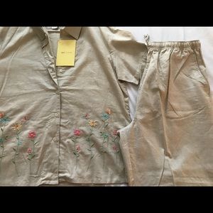 Two piece pant and embroidered button down
